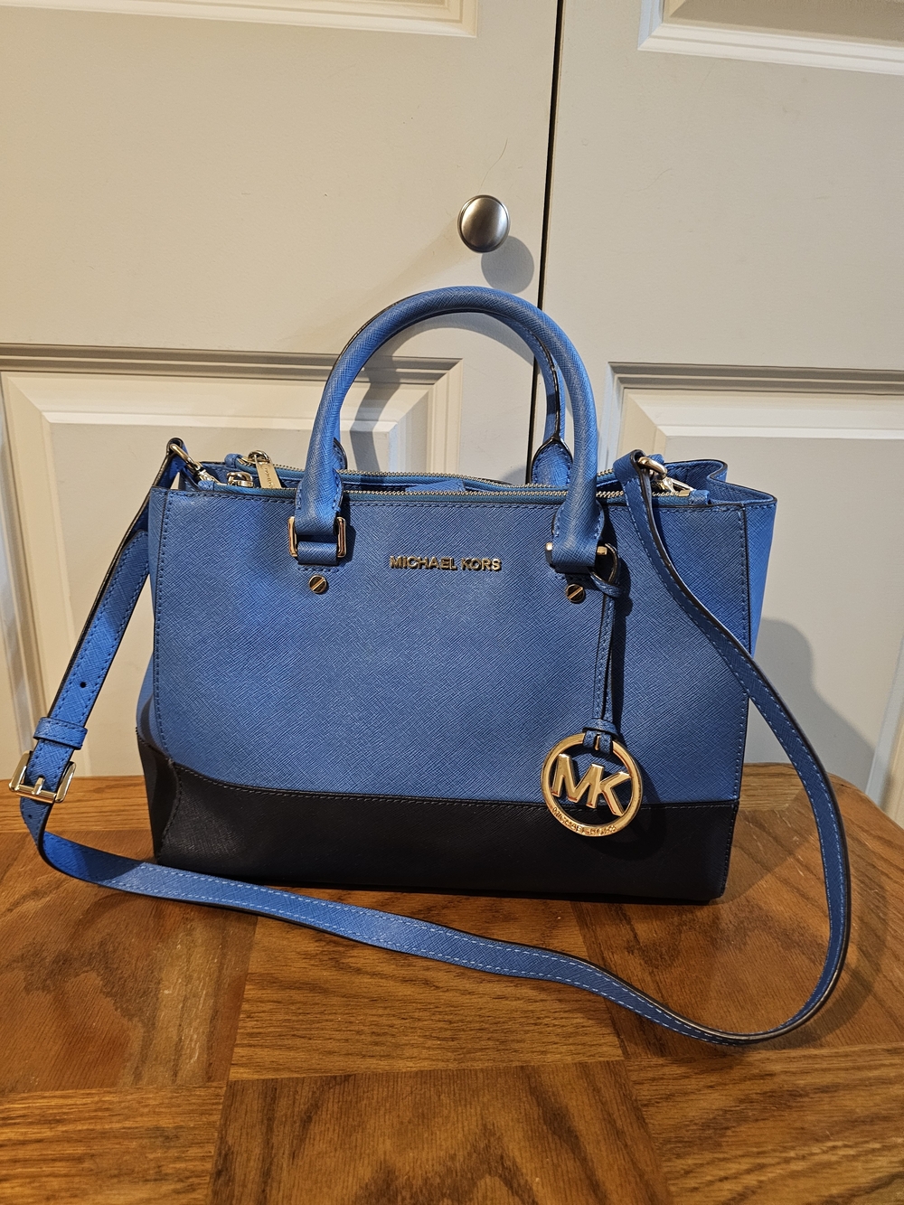 Michael Kors Blue and Black Saffiano Leather Satchel